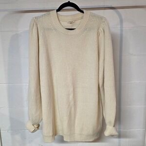 Jodifl Cream Ribbed Puff Shoulder Long Sleeve Crew Neck Sweater Plus 2X Cozy